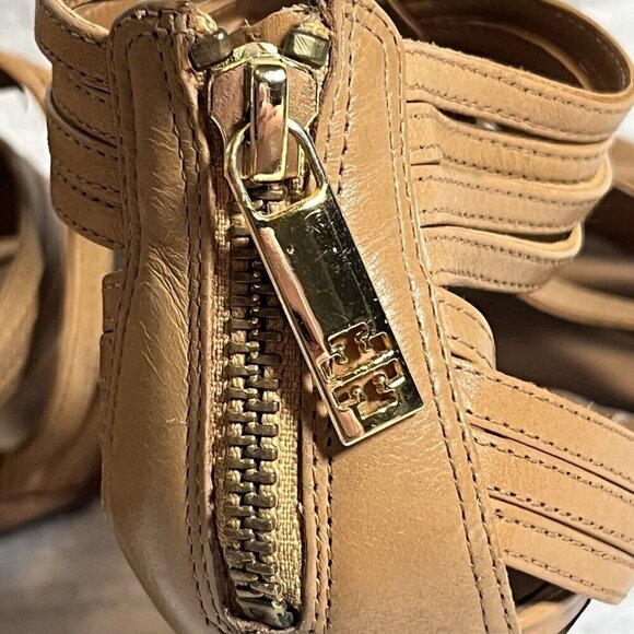 Tory Burch Liv Cage Gladiator Shoes Brown Leather Zipper Heels Open‎ Toe Size 8 - Picture 6 of 10